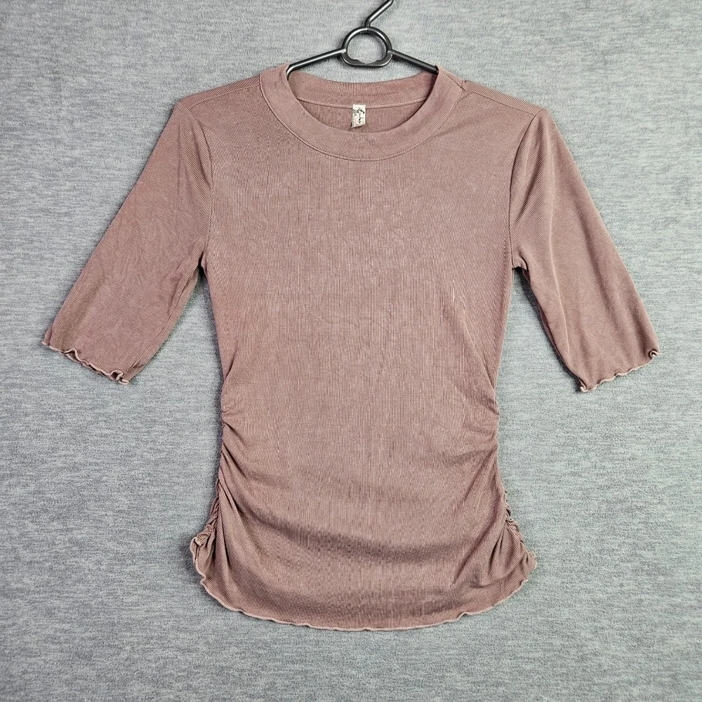 Intimately Free People Women's Small Pink Ribbed Ruched Short Sleeve Top